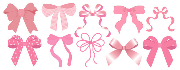 Set of pink bows in different styles. Cute decorative ribbon elements, perfect for gift wrapping, fashion, and festive designs.