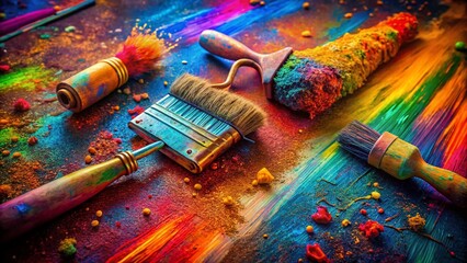 Fototapeta premium Surreal Close-up of Paint Brushes & Roller on Textured Surface with Vibrant Color Swatches