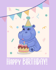 Birthday card designs featuring cute hippo with balloon, capy with birthday cake with candles. Perfect for greeting cards, birthday wishes and party invitations