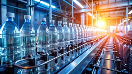 Fototapeta premium Surreal Close-up: Plastic Water Bottle Production Line - Factory