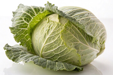 Fototapeta premium Whole Savoy Cabbage with Crinkled Leaves Fresh whole savoy cabbage with wrinkled green leaves and light-colored core, isolated on a clean white background. 