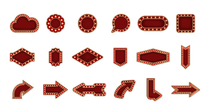 Red marquee frames, retro casino sign boards. Vintage circus banners with yellow light bulbs. Vector illustration