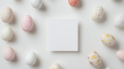 blank mockup of small, single, square card on top table, top vew, white background, easter theme, eggs