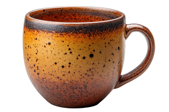 Ceramic mug with a unique rust color and speckled design, ideal for coffee or tea.