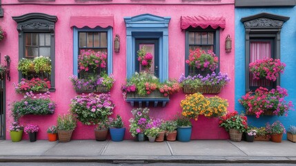 Vibrant Row Houses Decorated with Abundant Flowers