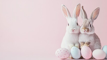 Obraz premium Delicate Easter advertising banner, pastel color scheme, generous top copy space, enriched with playful bunny and egg motifs