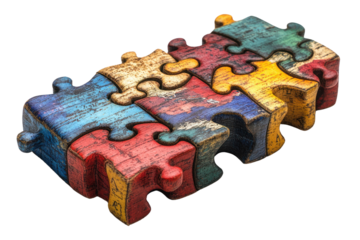 Colorful, interlocking puzzle pieces on a white isolate background.