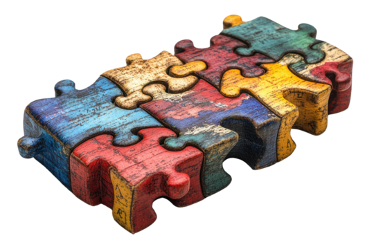 Colorful, interlocking puzzle pieces on a white isolate background.