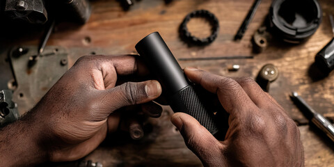 Obraz premium Close-up of Hands Holding Black Cylindrical Object on a Workbench
