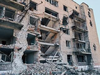 destroyed and burned houses in the city in Ukraine