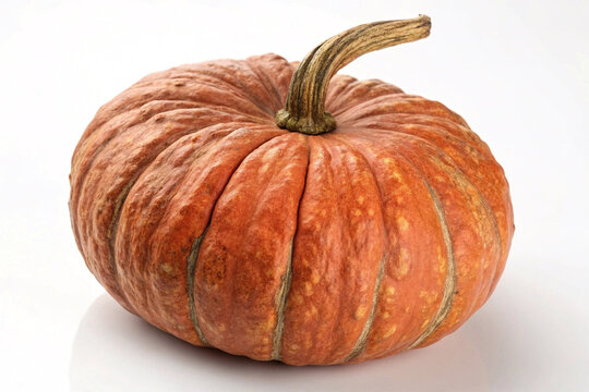 Whole ripe pumpkin with textured skin
Close-up of a whole orange pumpkin with a dry stem and textured ridged skin, isolated on white background.
