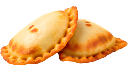 A pair of golden-brown, baked pastries with a crimped edge, showcasing a delicious filling.