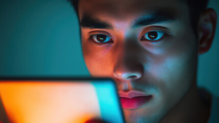 A young man holding a tablet close to his face, eyes locked in concentration. The soft glow from the screen casts deep shadows across his features, emphasizing the contours of his face