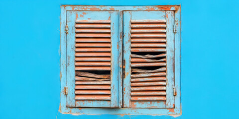 Damaged Louvered Window in Blue Wall