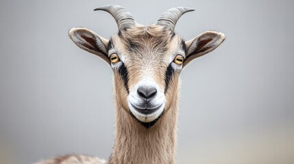 A close up portrait of a smiling horned goat