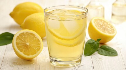 A glass of cold honey lemon tea with floating ice cubes