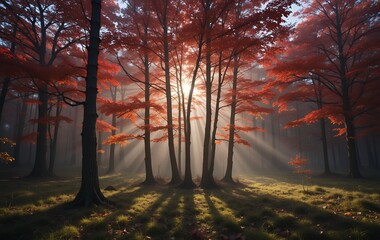 Obraz premium Autumnal Radiance: Sunlight Filtering Through a Forest of Crimson Foliage