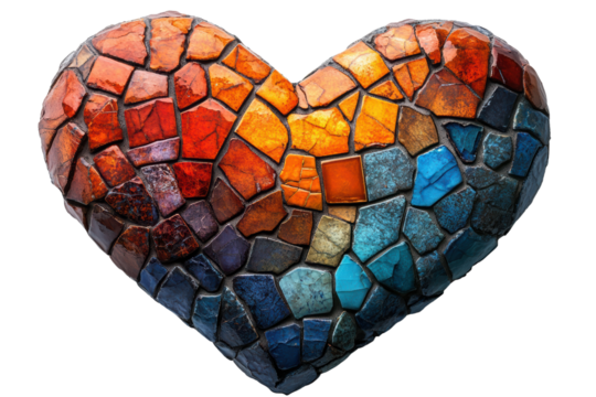 Colorful mosaic heart made of various stone pieces, radiating warmth and love, perfect for artistic and emotional themes. - Powered by Adobe