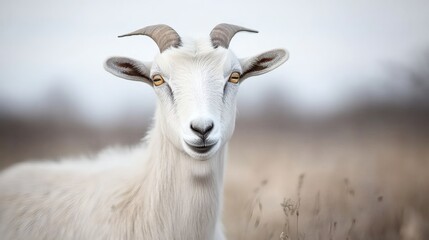 Fototapeta premium A beautiful white goat standing in a field of dry grass