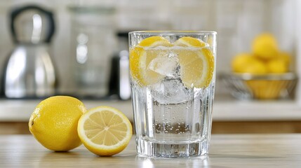 A glass of cold sparkling water with lemon slices and ice cubes