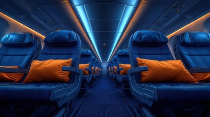 Fototapeta premium Airplane cabin interior, illuminated with blue and orange accents