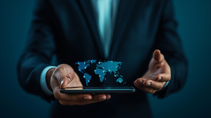 Man in white shirt interacting with a digital interface featuring a transparent virtual screen world map