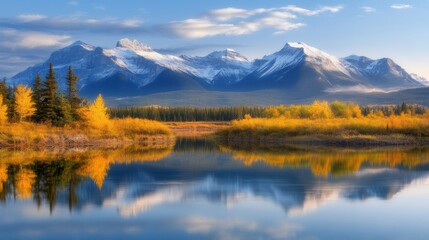 A breathtaking landscape featuring snow-capped mountains reflecting in a tranquil lake, surrounded by vibrant autumn foliage, Ideal for nature-themed projects, travel brochures