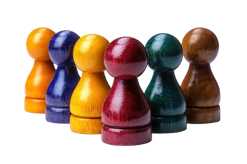 Colorful wooden game pieces arranged in a playful design on a white background.