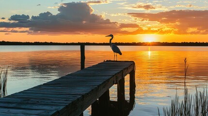 ole Florida postcard of Blue heron at the end of a dock at sunset