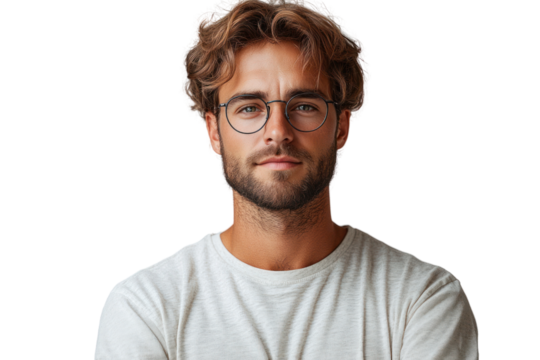 Confident young man with curly hair and glasses, posing casually in a light shirt against a white background.