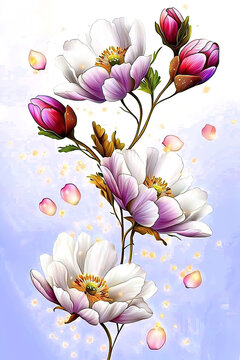 Fantasy floral watercolor featuring vintage botanical elements and enchanting fantasy flowers. Elegant Floral Arrangement with Pink and White Blossoms