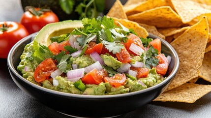 Vibrant Bowl of Guacamole with Fresh Ingredients and Colorful Toppings