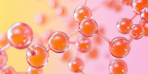 Orange molecular structure on pink and yellow background. Skincare science and beauty innovation concept. Vitamin C serum visualization.