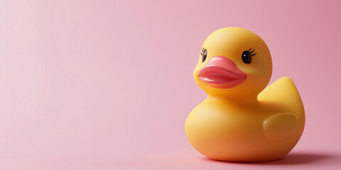 Yellow rubber duck toy on pink background. Bath time accessory and children's toy. Classic bathing companion.
