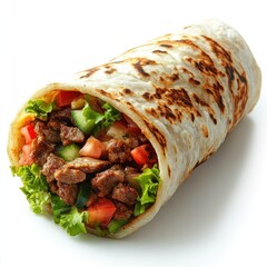 Grilled Beef Burrito, studio shot, against white backdrop