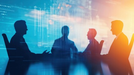 Professional silhouettes in business meeting with digital elements