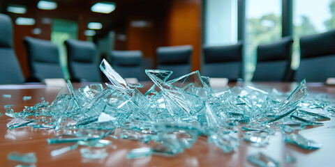 Shattered Glass on Wooden Table in Office Setting