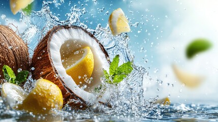 the blue sky,food photography,water splashing,Coconut and lemon collide&iuml;&frac14;&OElig;surrounded by coconut tree , mint leaves float in the air around it, 