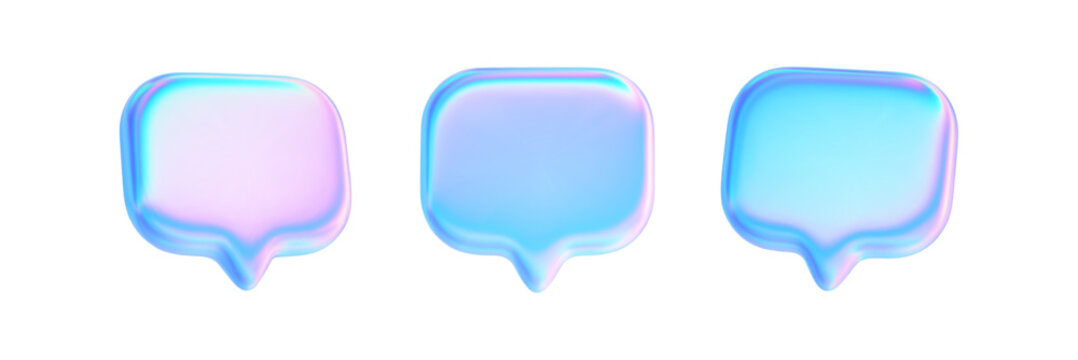 3d hologram speech bubble set. Neon talk message shape glossy holographic effect. Empty dialog box, talk chat, speak bubble text. Vector y2k illustration