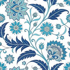 Intricate Blue Floral Pattern on White Background for Design Use