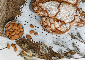 Colomba - Italian traditional Easter bread is topped with pearl sugar and almonds in the shape of a dove. Festive pastries are traditional in Italy.