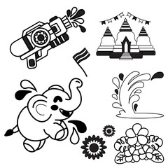 travel, illustration, songkran, vector, thailand, tourism, elephant, water festival, temple, culture, bangkok, decoration, summer, holiday, april, celebration, water, festival, set, icon, gun, play, w