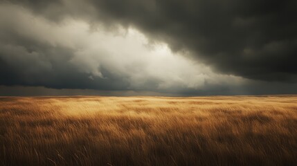 A vast grassland under a dramatic, moody sky filled with dark clouds, creating a striking contrast between land and atmosphere.
