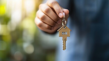 New Homeowner Holding House Key in Focus with Blurred Background Symbolizing Financial Success