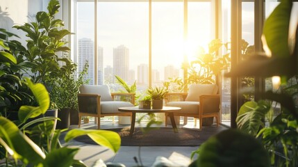 Fototapeta premium Sunny balcony with large windows, comfortable chairs, and a coffee table surrounded by green plants, overlooking the city skyline at sunset.