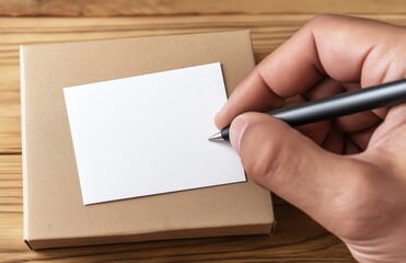 A hand holding a pen is poised to write on a blank card placed atop a brown box, set against a wooden surface.