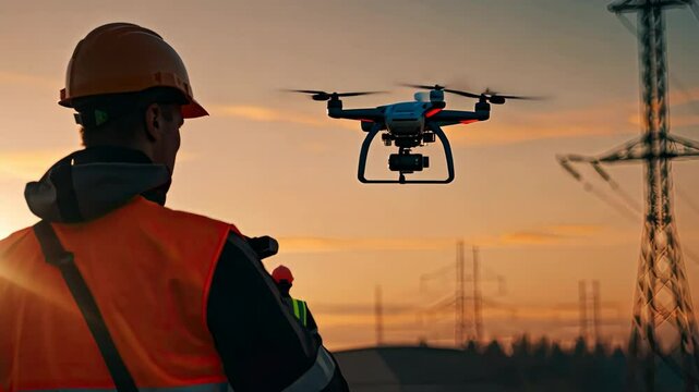 Two professionals inspect power lines using a drone while wearing safety gear, showcasing teamwork during sunset in a rural setting