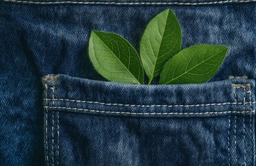 A denim pocket featuring vibrant green leaves, symbolizing nature and sustainability, blending fashion with eco-friendliness.