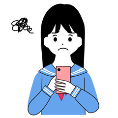 スマートフォンを見て困っている女子学生のイラスト