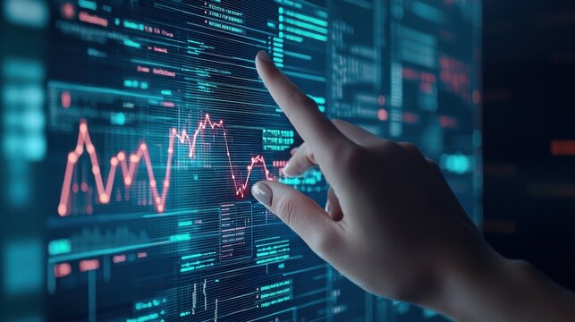 Hand Interacting with Digital Stock Market Data on a Touchscreen Display